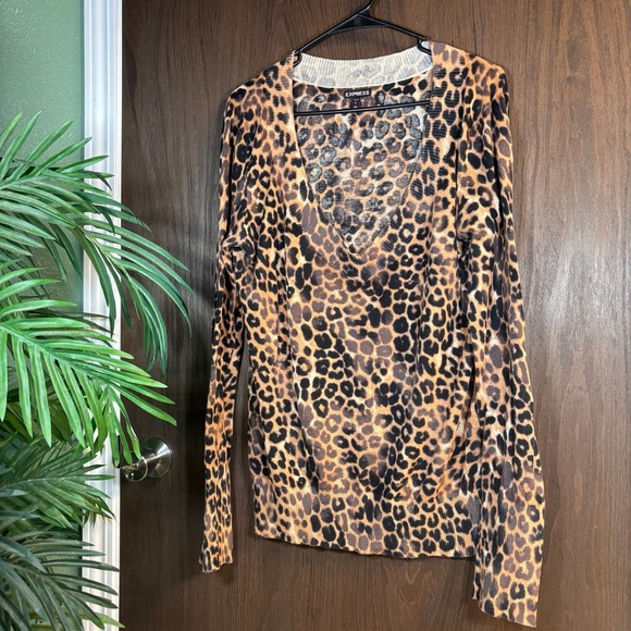 Express Tops - Express Leopard Print Deep V Lightweight Sweater Top Size Large Y2K